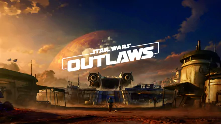 HD desktop wallpaper featuring Star Wars Outlaws. The image captures a dramatic landscape with a spaceship docked on a rugged planet under a captivating sky, embodying the adventurous spirit of the video game.