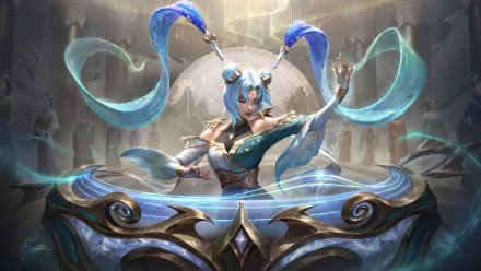 A high-definition desktop wallpaper featuring Sona from League of Legends, showcasing her elegant and mystical appearance against an ornate background.