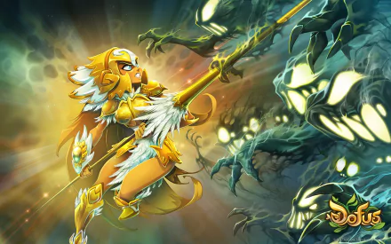 HD desktop wallpaper and background featuring a vivid scene from the video game Dofus, showcasing a heroic character in golden armor battling dark and menacing creatures.