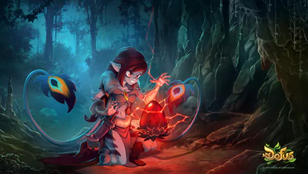 A high-definition desktop wallpaper featuring an enchanting character from the video game Dofus, depicted in a mystical forest with glowing red elements and intricate details.