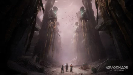 HD wallpaper for the video game Dragon Age: The Veilguard, featuring a misty, ancient corridor with colossal statues and adventurers venturing into the enigmatic environment.
