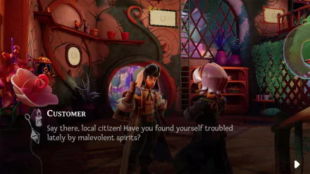 HD desktop wallpaper of the video game Wanderstop. It depicts an animated scene where a character is asking, Have you found yourself troubled lately by malevolent spirits?