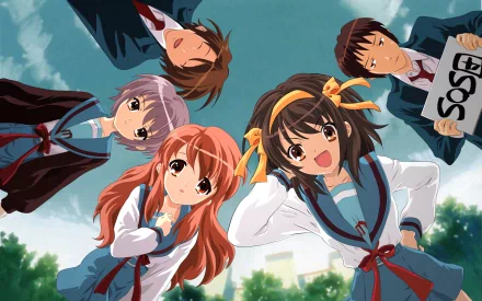 A vibrant HD anime wallpaper featuring characters from The Melancholy of Haruhi Suzumiya: Haruhi, Yuki, Mikuru, Kyon, and Itsuki in school uniforms against a bright sky.