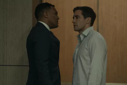 HD wallpaper from the TV show Presumed Innocent (2024), featuring an intense scene with two men standing face-to-face.