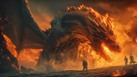 HD fantasy PC desktop wallpaper featuring a massive, fiery dragon towering over two small human figures in a dramatic, molten landscape.