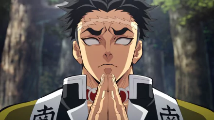HD anime desktop wallpaper featuring Gyomei Himejima from Demon Slayer: Kimetsu no Yaiba in a serene forest setting, hands clasped in prayer.