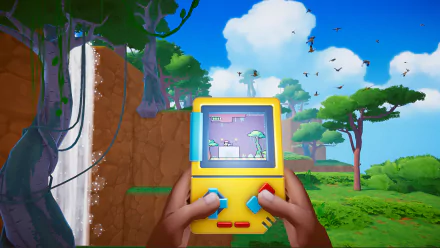 HD desktop wallpaper featuring a handheld video game console against a vibrant, lush background with trees, cliffs, and a waterfall.