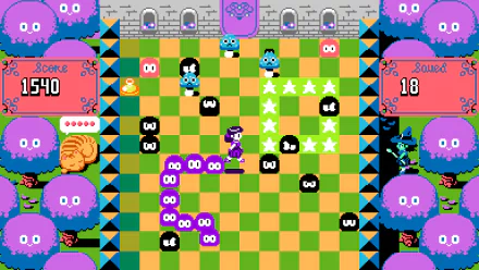 HD wallpaper for the video game UFO 50 featuring a vibrant pixel art scene with a character navigating a checkerboard-like field, whimsical enemies, and a castle background.