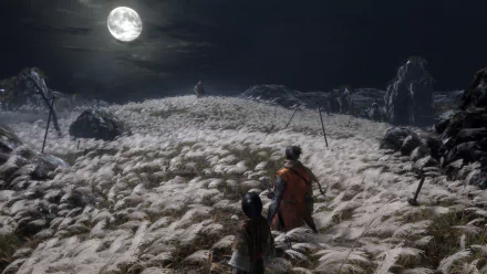 HD wallpaper and background for Sekiro: Shadows Die Twice. The image depicts a moonlit night with two characters in a field of tall grass, with mountains and a full moon in the background.