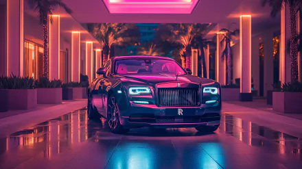 Rolls-Royce Spectre parked in a neon-lit, reflective modern portico with glowing headlights — 2K Quad HD PC desktop wallpaper.