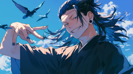 A vibrant HD desktop wallpaper featuring Suguru Geto from the anime Jujutsu Kaisen, with a confident expression and birds flying in the blue sky background.
