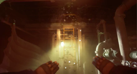 HD desktop wallpaper of Still Wakes the Deep video game, showing a first-person perspective of hands reaching towards an illuminated ladder in a dark, industrial underwater environment.
