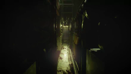 HD desktop wallpaper and background from the video game Still Wakes the Deep shows a dark, eerie corridor with industrial pipes and dim lighting.