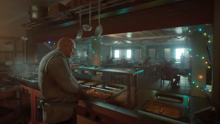 HD desktop wallpaper and background from the video game Still Wakes the Deep, depicting a chef in a dimly lit kitchen with festive string lights and people dining in the background.