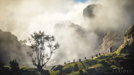 HD desktop wallpaper showcasing a misty mountain landscape from the video game Pax Dei, with figures silhouetted against the fog and a lone tree in the foreground.