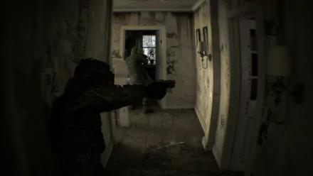 HD wallpaper showing a video game bodycam perspective of two armed figures in a dark, narrow hallway of an abandoned house.