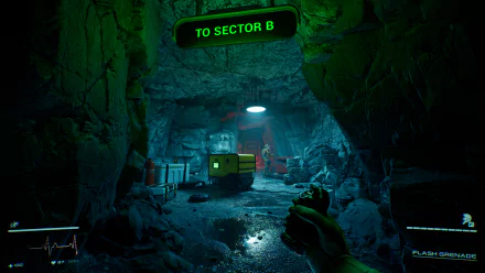 HD desktop wallpaper of a scene from the video game Level Zero: Extraction, depicting a player in an underground cave heading towards Sector B. The environment is dimly lit and features advanced equipment.
