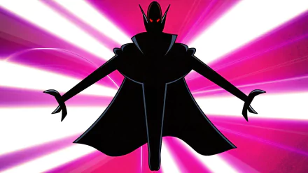 HD desktop wallpaper of a silhouetted figure with red eyes from the video game BLUD, set against a vibrant pink and white background.