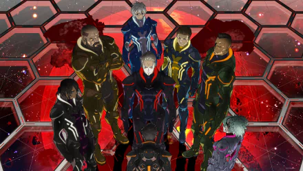 Daemon X Machina characters in futuristic suits stand together on a hexagonal red-lit platform, showcased in a 4K Ultra HD PC desktop wallpaper.