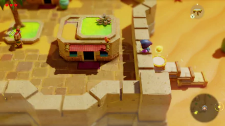 HD desktop wallpaper featuring a scene from the video game The Legend of Zelda: Echoes of Wisdom, showcasing a character navigating a courtyard with stone walls and colorful structures.