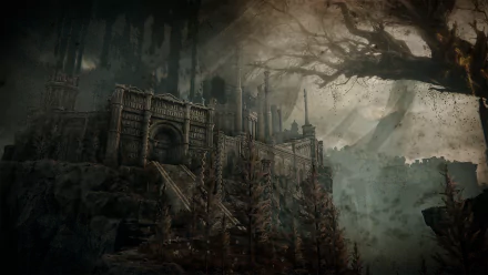 Elden Ring HD desktop wallpaper showcasing the foreboding landscape and architecture from the Elden Ring: Shadow of the Erdtree expansion. A dark, majestic fortress looms amidst a mystical, eerie backdrop.