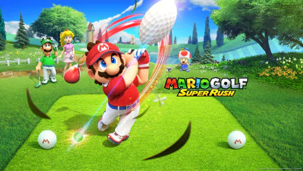 4K Ultra HD PC desktop wallpaper featuring Mario in action on the golf course from Mario Golf: Super Rush, with vibrant greens and friends in the background.