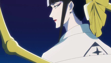 HD desktop wallpaper featuring Senjumaru Shutara from the anime Bleach, displaying a detailed side profile against a deep blue background.