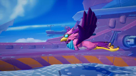 HD desktop wallpaper featuring a vibrant pink bird character mid-flight from the video game Rivals 2, set against a colorful, futuristic background.