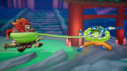 HD desktop wallpaper and background from the video game Rivals 2, featuring a colorful battle scene between two vibrant characters engaged in combat outside a traditional temple.