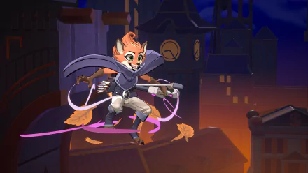 A vibrant HD desktop wallpaper of Rivals 2 featuring an adventurous character leaping across rooftops in a night-time cityscape. Leaves swirl around them as they aim with a crossbow.