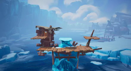 HD desktop wallpaper featuring a scene from the video game Rivals 2, showcasing a rustic wooden platform over icy waters with snow-covered cliffs and buildings in the background under a cloudy sky.