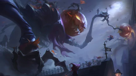 HD desktop wallpaper featuring Fiddlesticks from League of Legends, showcasing a spooky scene with a haunting figure and pumpkins.