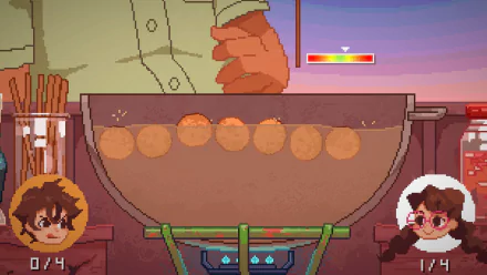 HD desktop wallpaper of the video game Until Then featuring a cooking scene with characters, a pot of food, and gauges indicating cooking progress.