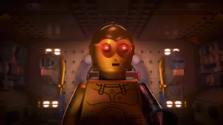 HD desktop wallpaper featuring a LEGO Star Wars character from the TV show LEGO Star Wars: Rebuild the Galaxy, set against a detailed spaceship interior.