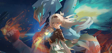 HD desktop wallpaper of characters Firefly and Sam from the video game Honkai: Star Rail, featuring an intense and vibrant background with dynamic colors and sleek designs.