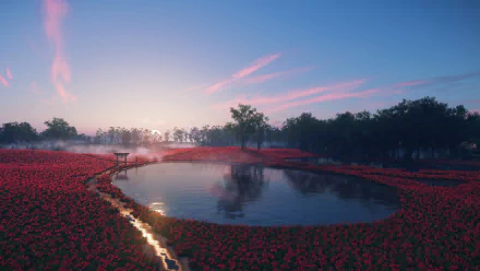 HD desktop wallpaper and background from the video game Ghost of Tsushima, showcasing a serene landscape with a tranquil pond, surrounded by red flowers under a pastel sky at dawn.