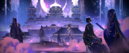 HD PC desktop wallpaper featuring a mystical nighttime scene from Tian Guan Ci Fu (Heaven Official's Blessing) with an illuminated palace and a cloaked figure in the foreground.