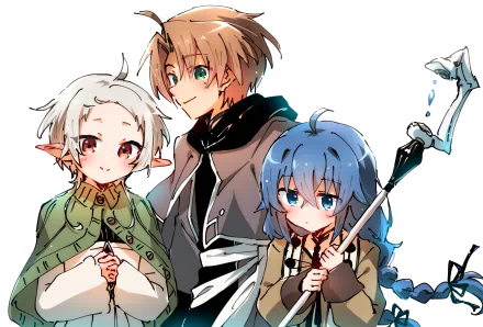 Anime wallpaper featuring Sylphiette, Rudeus Greyrat, and Roxy Migurdia from Mushoku Tensei: Jobless Reincarnation in a vibrant 4K Ultra HD PC desktop background.