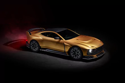 HD desktop wallpaper featuring a sleek, golden Aston Martin Valiant car with a dark background.