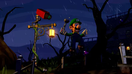 HD desktop wallpaper of Luigi from Luigi's Mansion 2, holding a flashlight in a dark, eerie landscape with a streetlamp and bare trees, set against a rainy night sky.