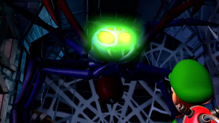 HD desktop wallpaper of Luigi's Mansion 2 featuring Luigi confronting a giant spider with glowing green eyes amidst a dark, web-filled background.