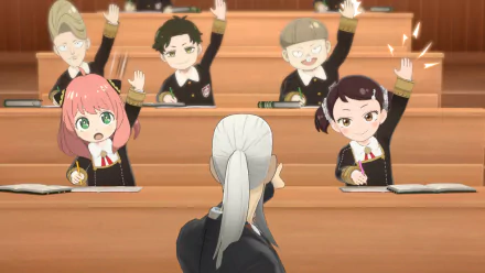 HD desktop wallpaper featuring characters from the video game SPY×ANYA: Operation Memories in a classroom setting. A teacher stands at the front while students raise their hands.