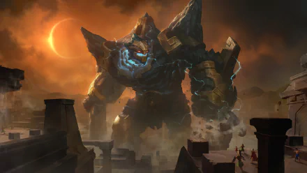 HD wallpaper of Malphite from League of Legends, showcasing the colossal character in a dramatic, stormy scene with a glowing eye and stone body, set against an ominous sky with a partial solar eclipse.