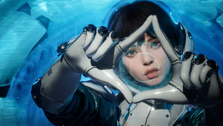 HD wallpaper and background image of a character from the video game The First Descendant. The character is in a futuristic suit, making a triangle shape with their hands against a blue-hued backdrop.