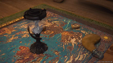 HD desktop wallpaper of Final Fantasy XIV: Dawntrail featuring an intricate map, compass, and unique candle holder, radiating an adventurous atmosphere.