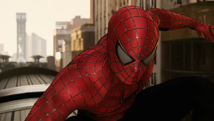 HD PC desktop wallpaper featuring Spider-Man in a dynamic pose with a detailed suit against a cityscape background.