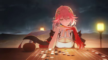 HD desktop wallpaper featuring Changli from the video game Wuthering Waves, showcasing her with pink hair, playing a board game under lantern light against a dramatic night sky background.