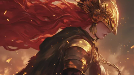 HD wallpaper of Elden Ring's Malenia Blade of Miquella, showcasing her in golden armor and a flowing red cape.