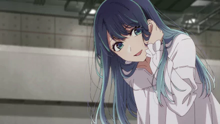 HD PC desktop wallpaper featuring Akane Kurokawa from the anime Oshi no Ko, showcasing her with long dark hair and a gentle expression in a modern indoor setting.