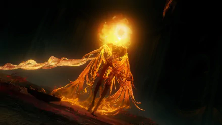 HD desktop wallpaper featuring Midra, Lord of Frenzied Flame from the game Elden Ring, Shadow of the Erdtree, engulfed in fiery energy against a dark backdrop.